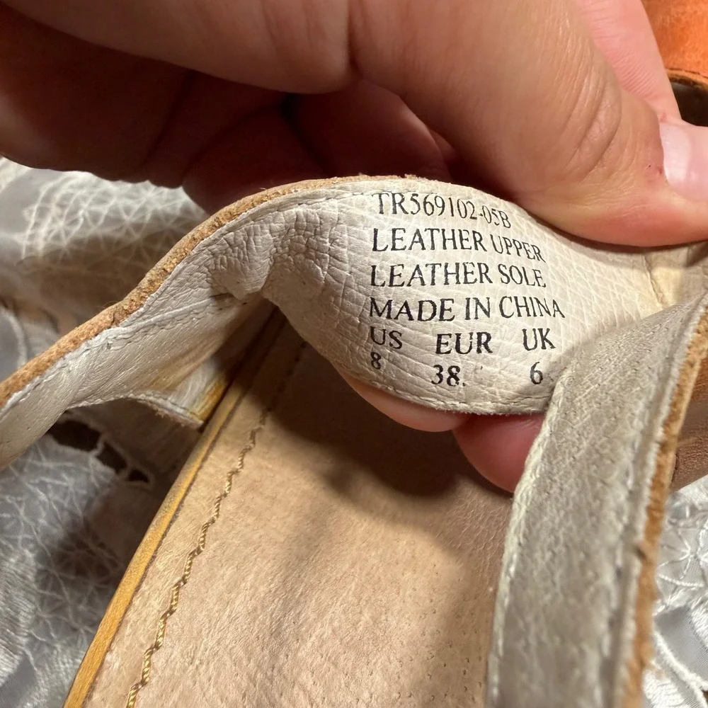 True Religion Y2K Grunge Tan Leather Studded Wooden Wedge Sandals Womens 8